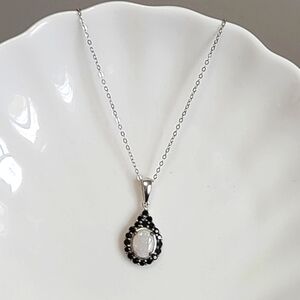 Vintage Elegant Sterling Silver Opal and Black Sapphire Necklace and Pendant